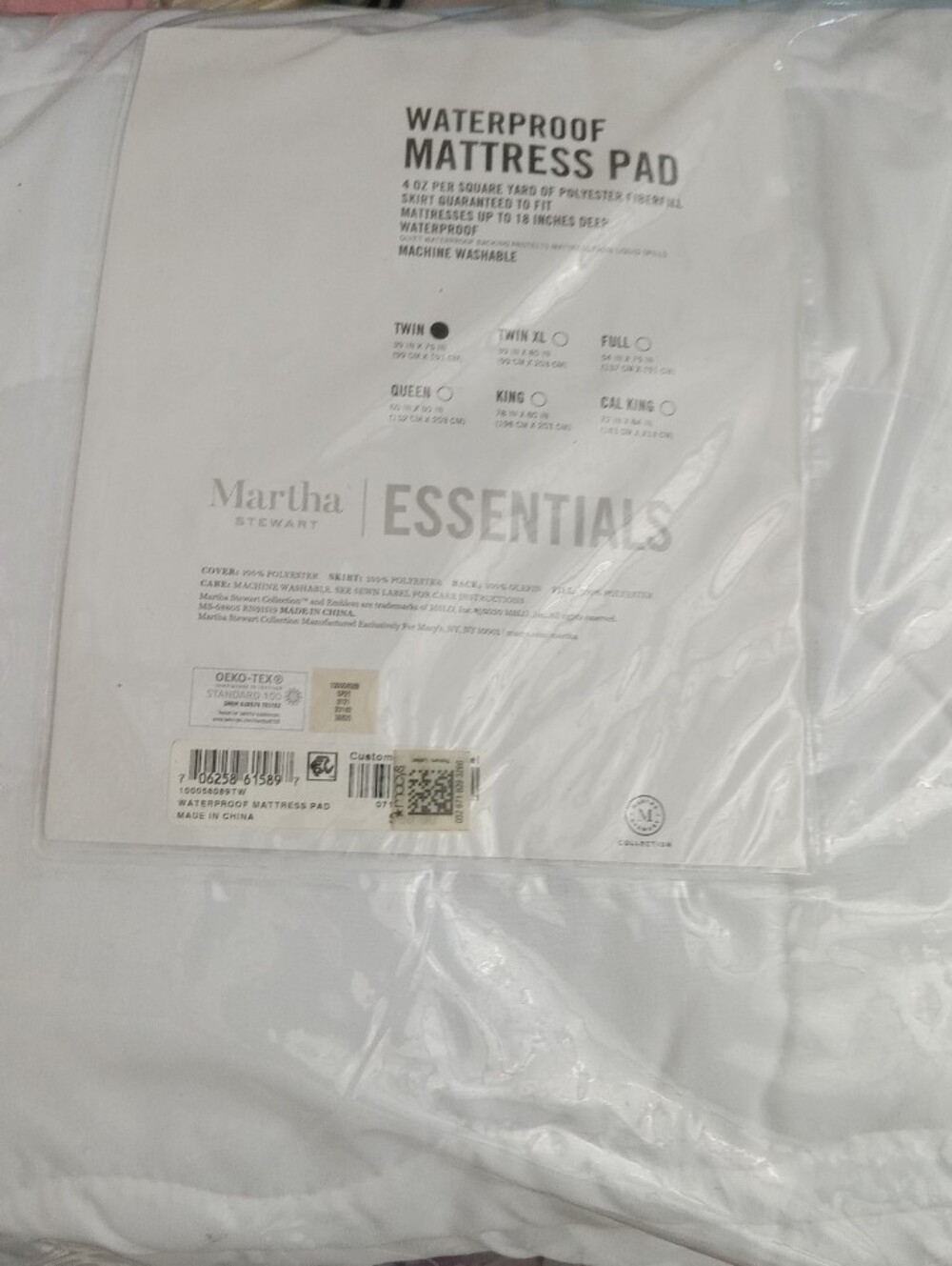 Martha Stewart Essentials Waterproof Quilted Twin Mattress Pad, White